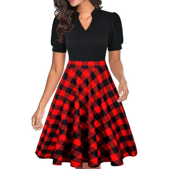 Women Buffalo PlaidShort Puff Sleeve Flare Semi-Formal Summer Dress With Pockets - Picture 1 of 3
